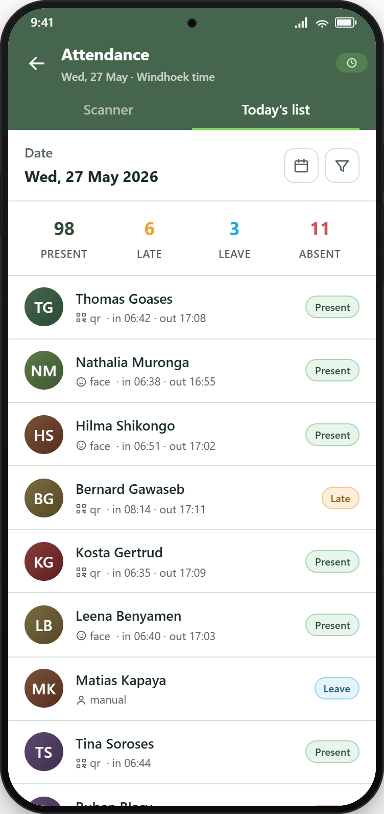 Attendance list on the ForceAgri mobile app