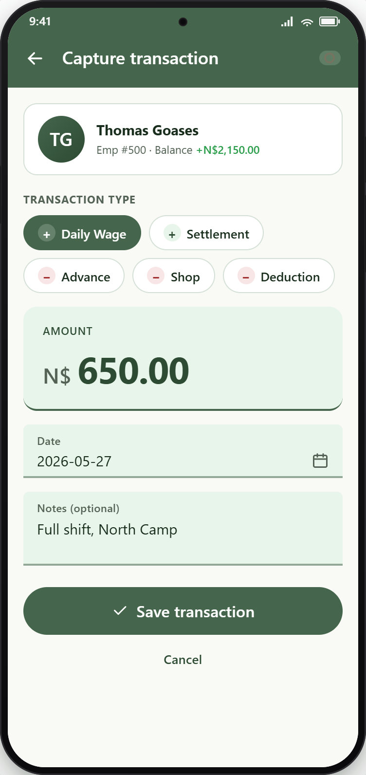 Capturing a payment on the ForceAgri mobile app