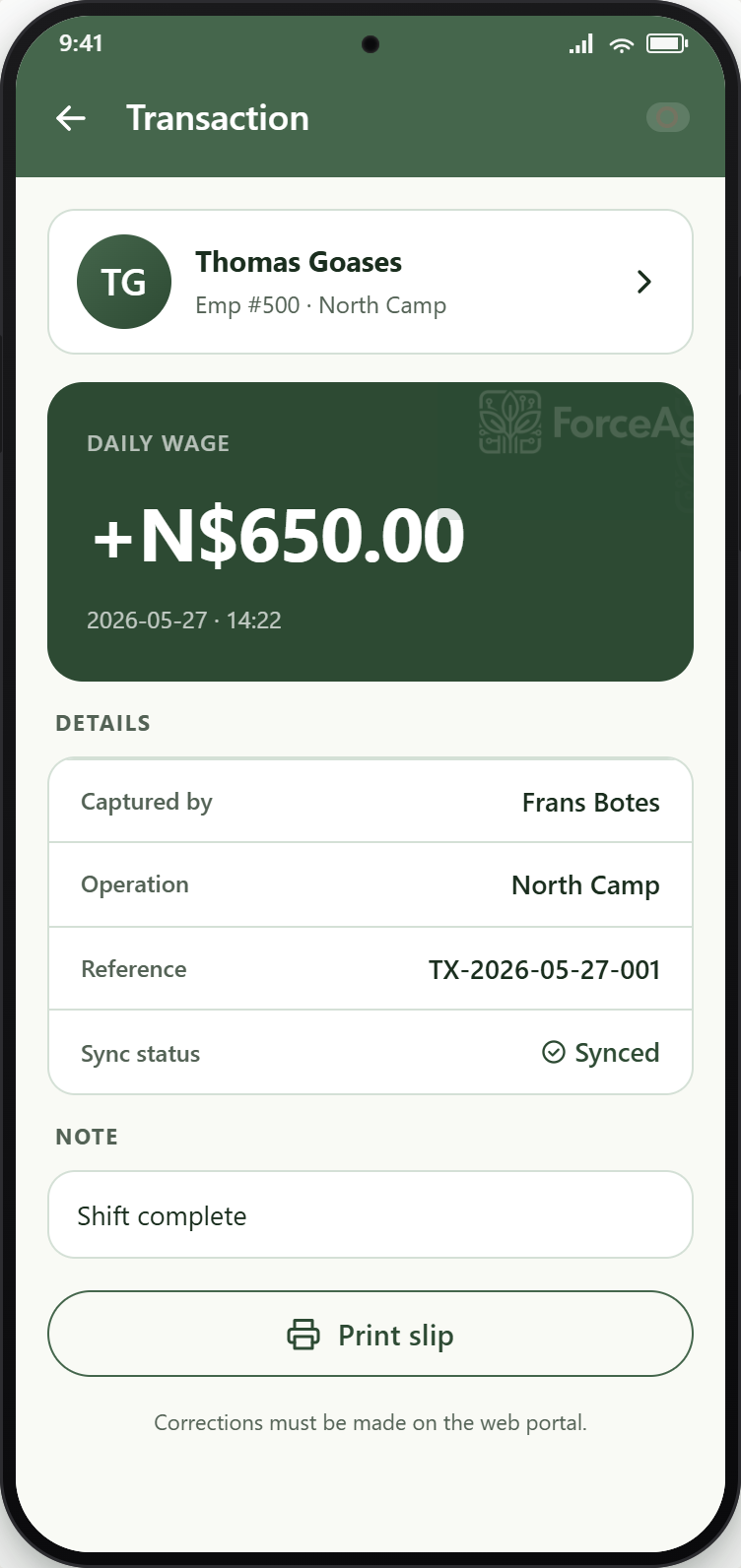 Transaction detail and balance on the ForceAgri mobile app