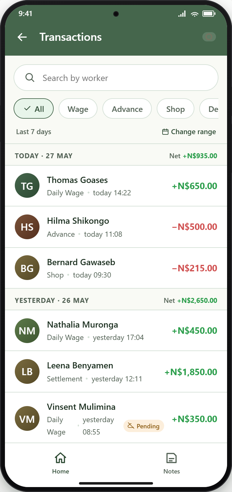 Transactions ledger on the ForceAgri mobile app