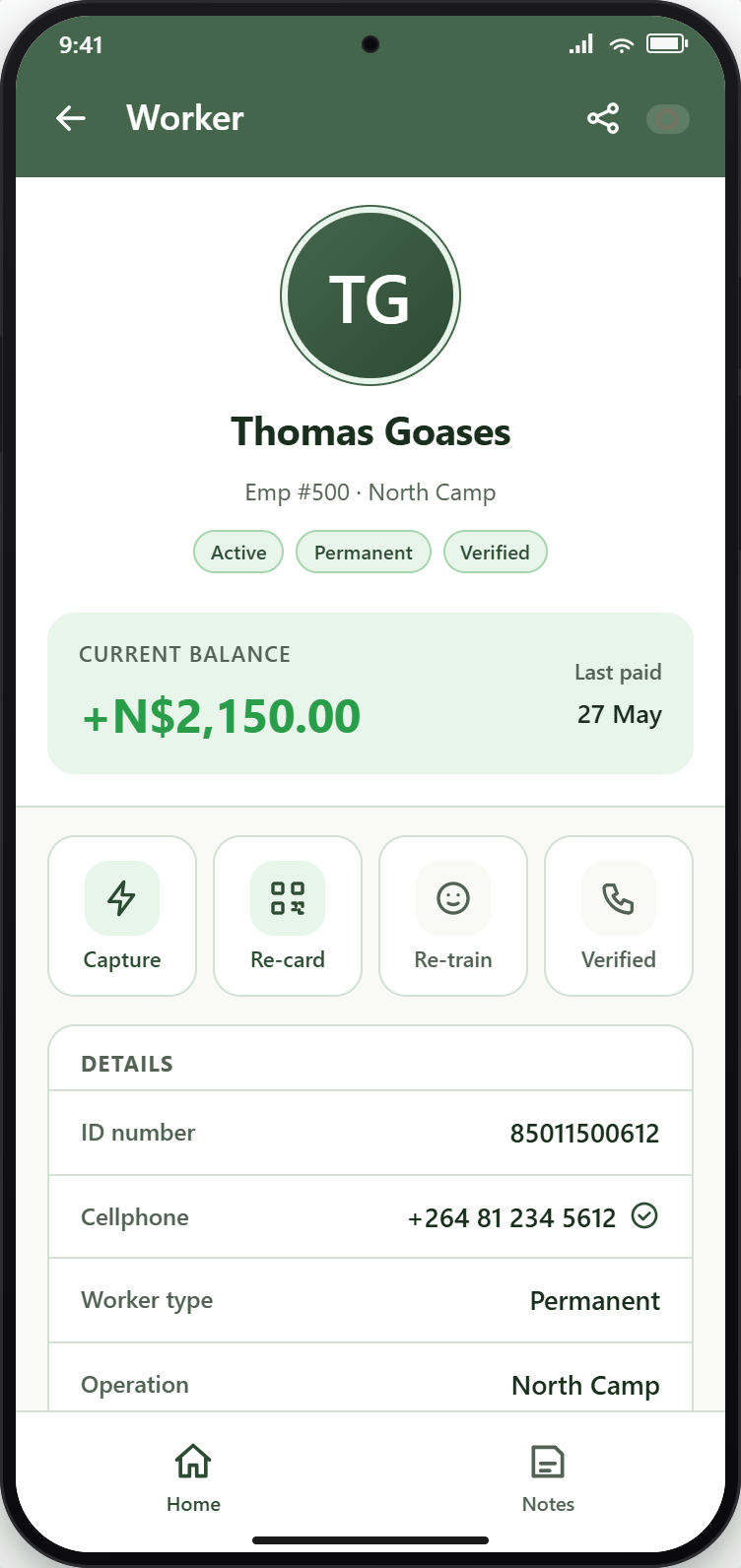 Worker profile on the ForceAgri mobile app