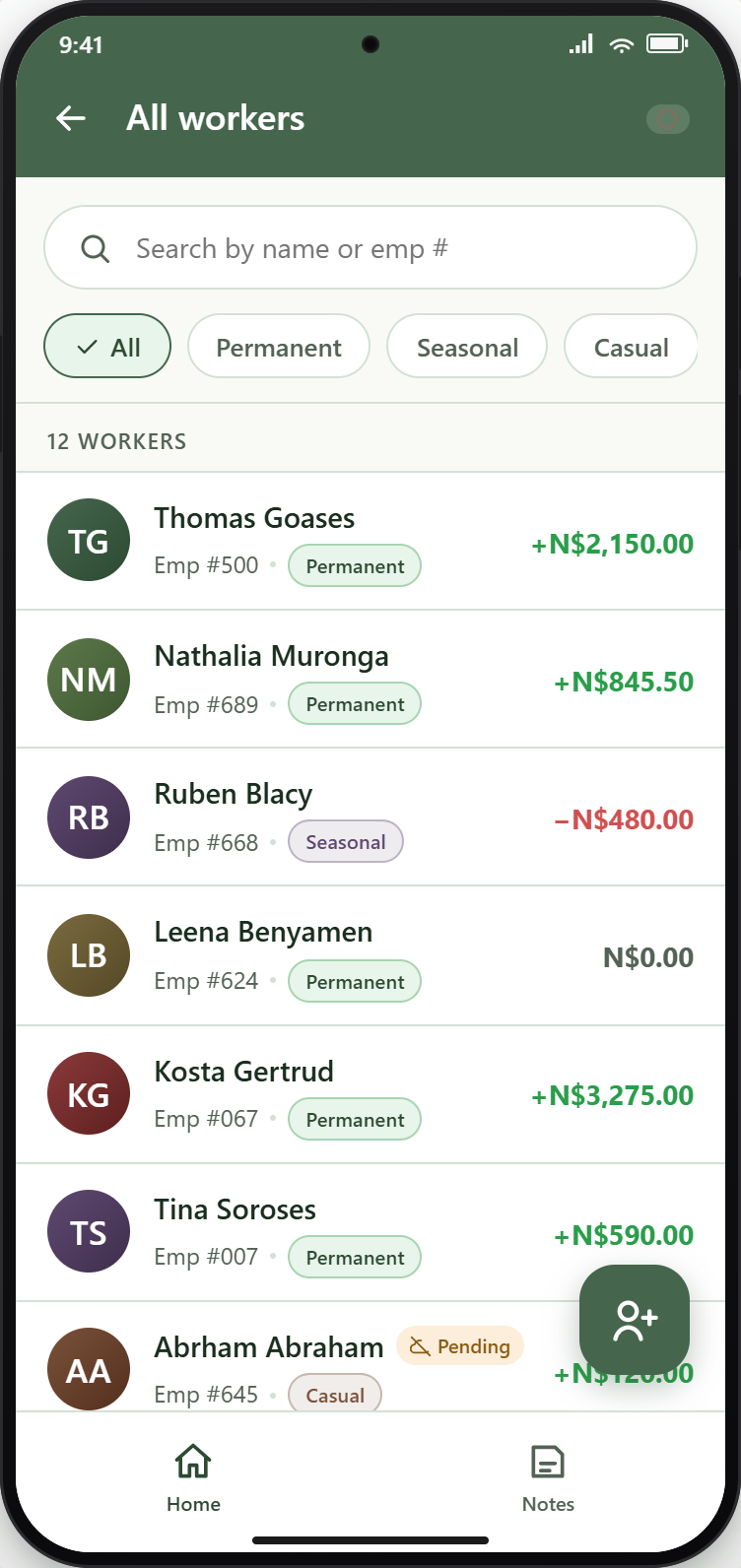 Workers list on the ForceAgri mobile app